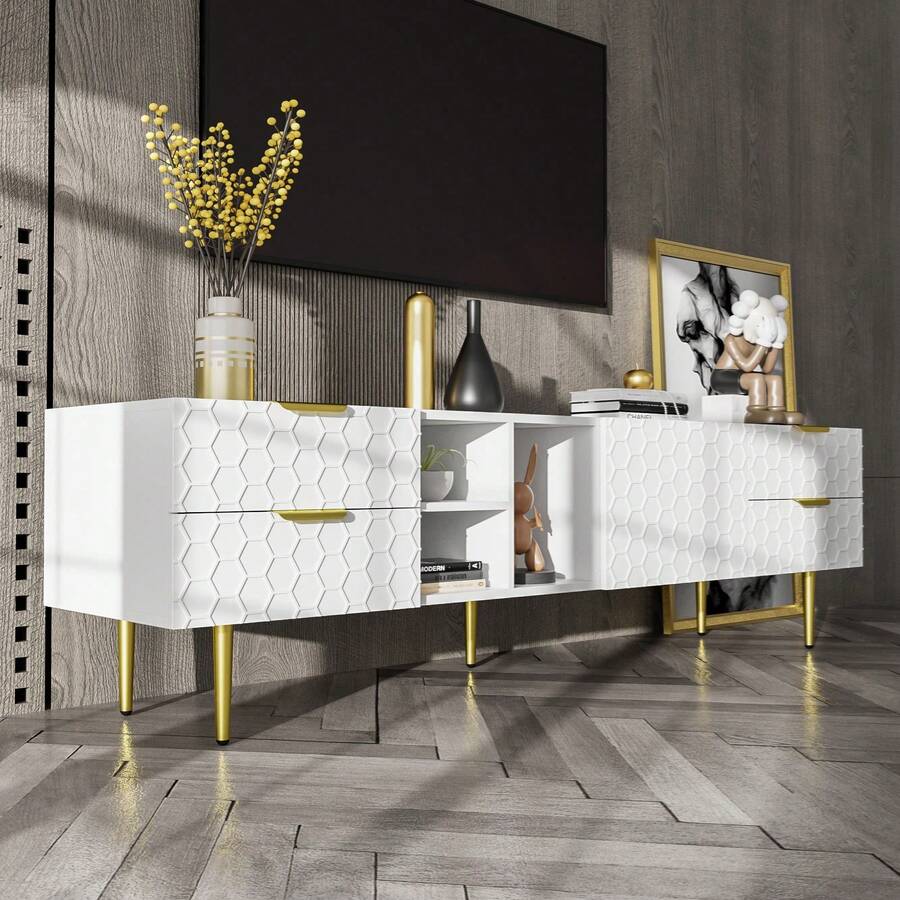 TV Cabinet With Golden Accents, 4 Drawers And Compartments, Sturdy TV Cabinet For Your Living Room