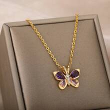 1 pieza Collar con colgante de mariposa lindo para mujer de acero inoxidable con cristal y circonita púrpura, collar estético, gargantilla, joya para fiesta