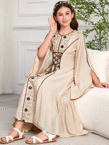 Tween Girl Dubai Retro Style Long Dress Robe, Fashion Long Gown Dress With Drawstring - Apricot - View 5