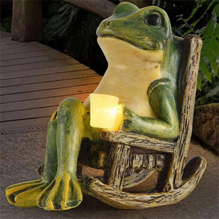 Frog Garden Statue, Resin Sculpture Outdoor Decoration Solar Outdoor Light For Lawn Yard - 綠色 - 查看 1