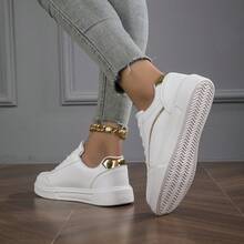 Nuevos tenis casuales blancos de moda para mujer, zapatos deportivos versátiles y planos, adecuados para primavera y otoño - Dorado - Ver 3