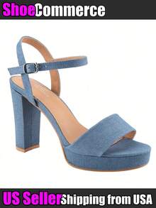 Women's Denim Platform Heels Open Toe Ankle Strap Chunky High Heel Sandals Block Heel Platfrom High Heeled Sandals Summer Spring Easter Prom Shoes Heels - 霧霾藍 - 查看 1