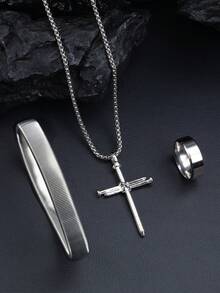 3pcs/Set Men' Jewelry Set,Necklace+Bracelet+Ring, Black Retro Style Cross Pendant Necklace,Religious Neck Jewelry,Perfect Jewelry Gift For Your Friends - A - View 5