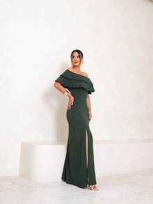 Long Off-The-Shoulder Mermaid Dress With Slit For Wedding Bridesmaid Bride Graduation And General Event - Army Green - View 2