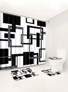 1pc/4pcs Abstract Modern Pattern Bathroom Waterproof Shower Curtain Set With 12 Hooks, Non-Slip Bath Mat, U-Shaped Contour Rug, And Round Toilet Lid Cover, Full Scene Bathroom Decor Set Back To School