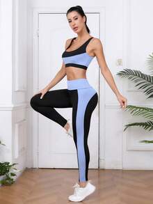 Women's Fashion Contrast Color Round Neck Sports Bra And Knitted Leggings 2 Pieces Set - Multicolor - View 4