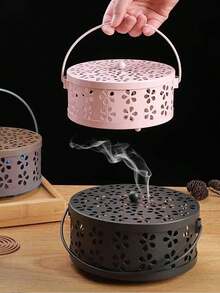 1个复古金属蚊香炉，蚊香架，便携式铁质香炉，带花卉图案和手柄，适合室内外使用。 - 彩色 - 查看 4