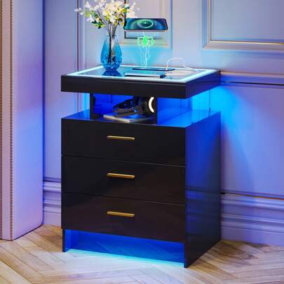 HNEBC Auto LED Nightstand, White Glass Top Night Stand With Charging Station & USB Ports, High Gloss Bedside Table Has 3Drawers,Modern End Side Table For Bedroom