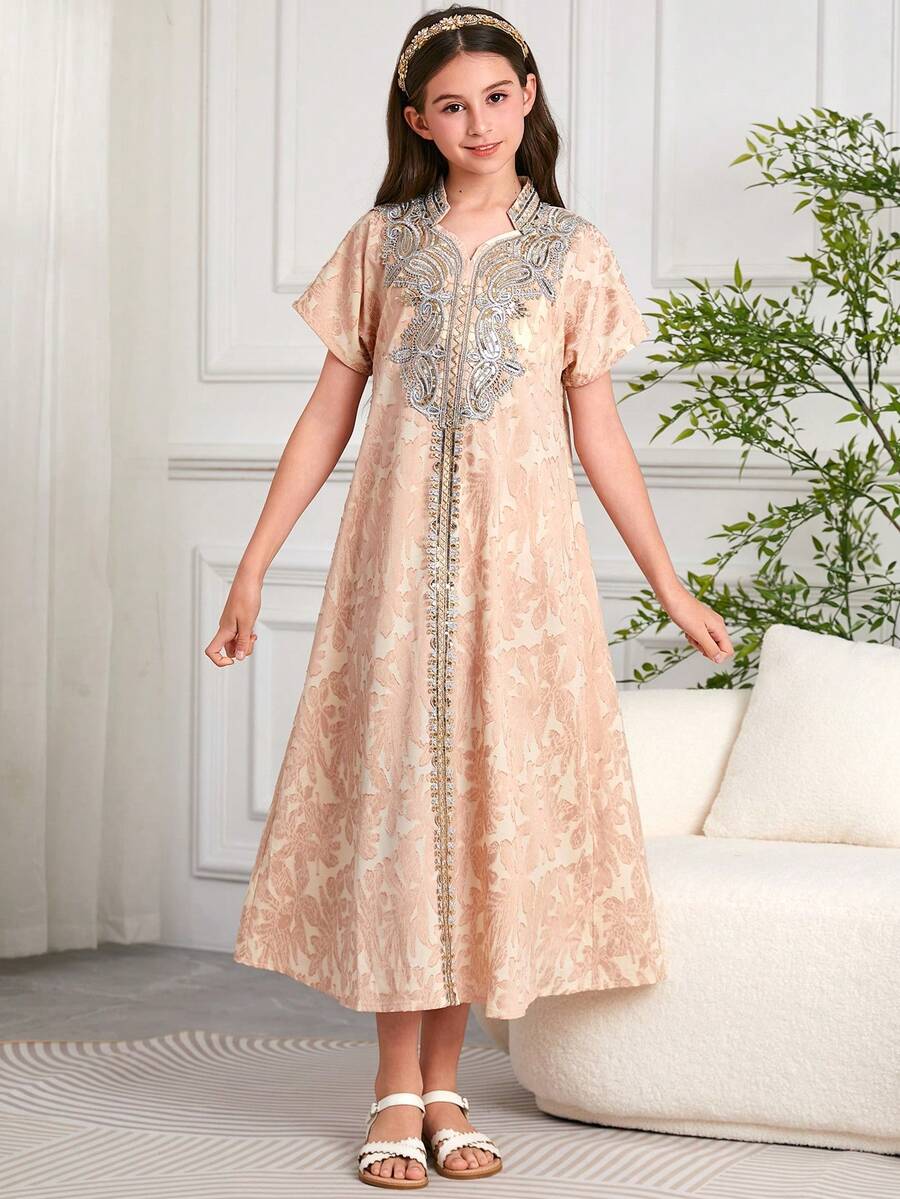 Tween Girls Malaysian/ Style Embroidered & Beaded Long Sleeve Robe - Multicolor - View 1