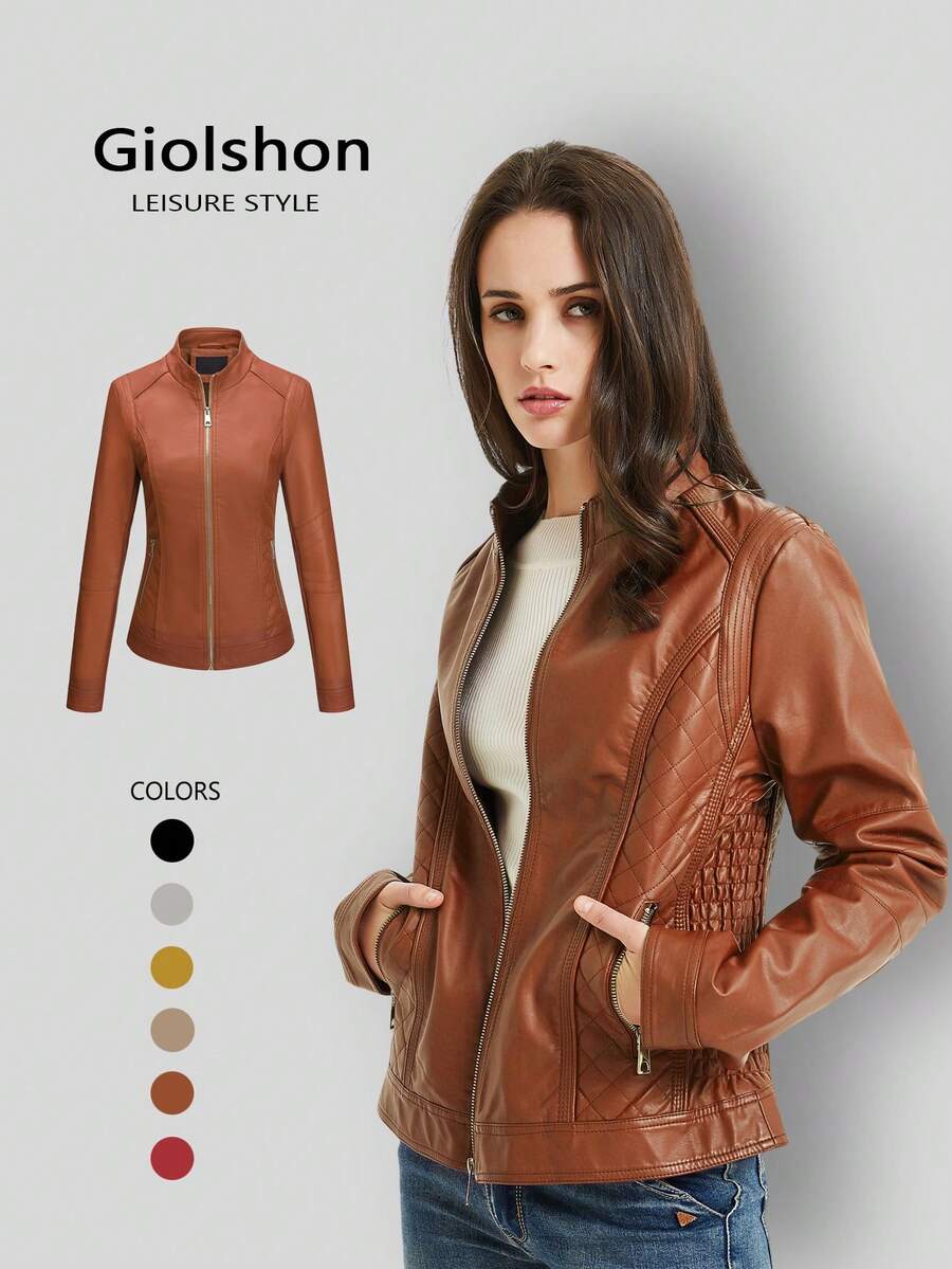 Women's PU Leather Jacket - Elegant Minimalist, With Belt, Pockets, Zipper, Suitable For Autumn, Winter, Spring - Brown - View 1