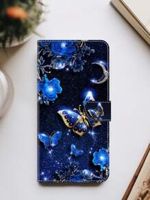 GLANDOTU Compatible With Samsung Galaxy Redmi Creative Colourful PU Leather Mobile Phone Wallet With Blue Butterfly Pattern Design, Double Folded Edge, Card Slot And Card Holder With Lanyard