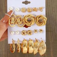 11 Pairs Fashionable Versatile Casual Pearl Earring Set - Yellow Gold - View 1