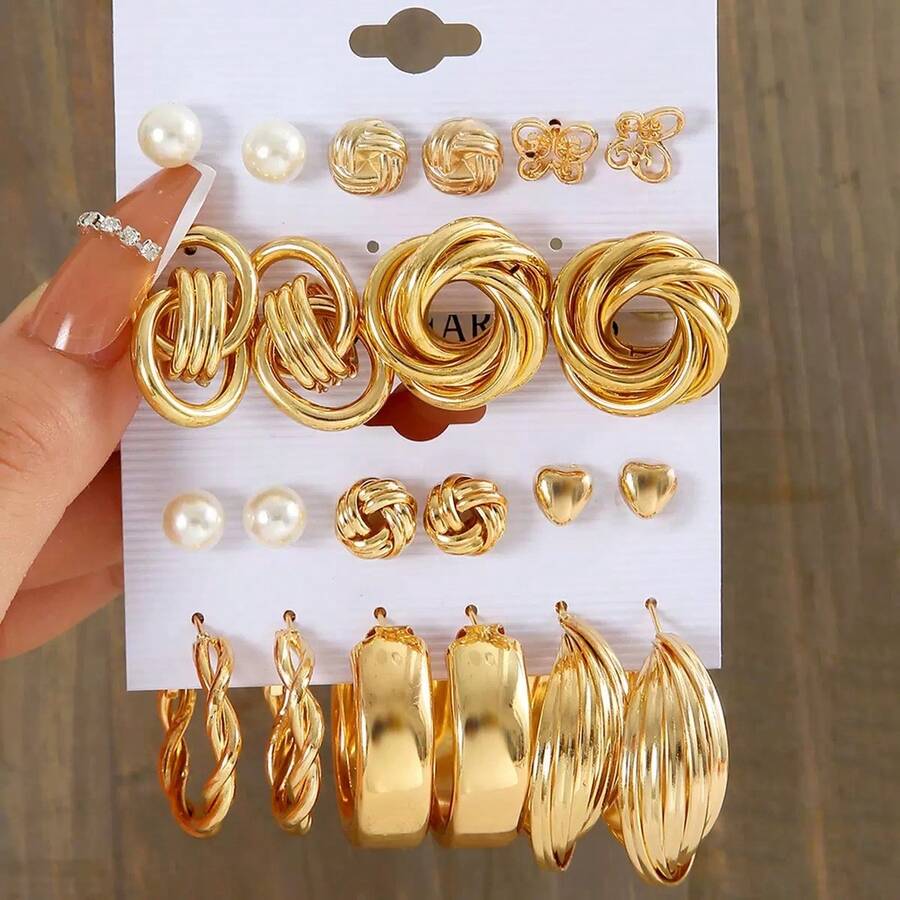 11 Pairs Fashionable Versatile Casual Pearl Earring Set - Yellow Gold - View 1