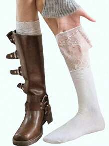 1 Pair Women Lace Patchwork Over-The-Knee Socks, Vintage Style For Wearing With Decorative Knee-High Boots
