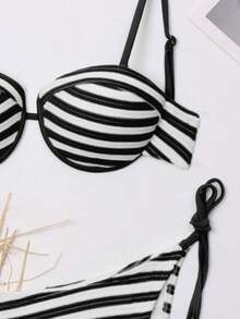 2pcs/Set Sexy Striped Fabric Lace-Up Bikini, Women's Two-Piece Swimsuit For Beach & Pool - Black and White - View 4