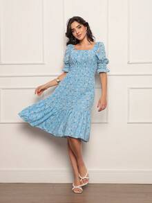 Women's Dress | Crepe With Elastec L Flower I Shoulder To Shoulder. - Light Wash - View 2