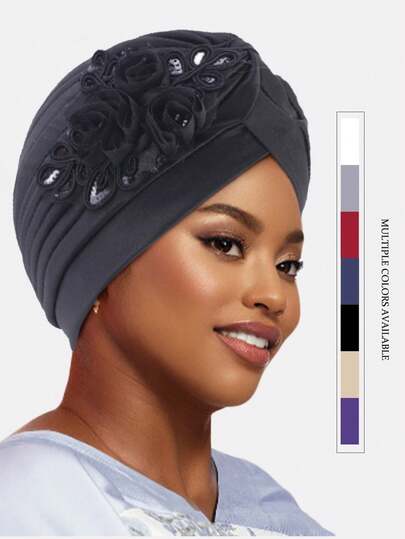 1pc Women's Sequin 3D Flower Printed Hat, Turban Hat Headscarf, Suitable For Daily Use