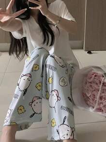 Sanrio Women Cartoon Print Casual Long Pants, Comfortable Loose Fit Pajama Pants, Suitable For All Seasons, Fall