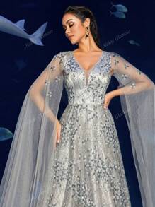 Faeriesty Vestido de noche con lentejuelas y mangas de capa de lujo con efecto floral, patrón de flores con cuentas y falda con flujo completo para bodas, eventos de alfombra roja y cenas lujosas