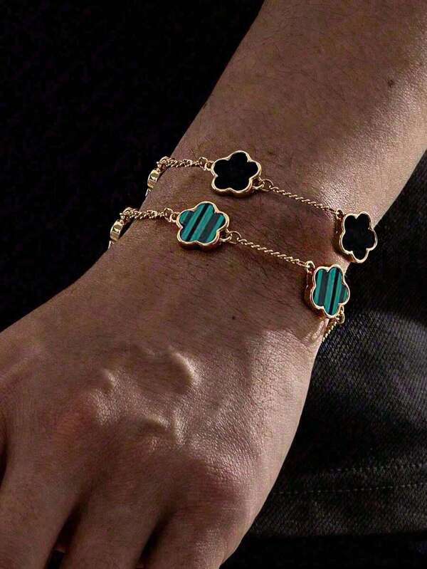 2 piezas Diseño de moda Brazalete de hombre con dije de trébol clásico, Brazalete de trébol en dos colores, Regalo para el Día del Padre, Regalo para la Madre, Regalo de Pascua, Regalo de vacaciones, Accesorios, Atuendo de oficina, Estilo musty, Estilo punk, Accesorios casuales, Adecuado para fiestas, celebraciones y bodas, Regalo de graduación