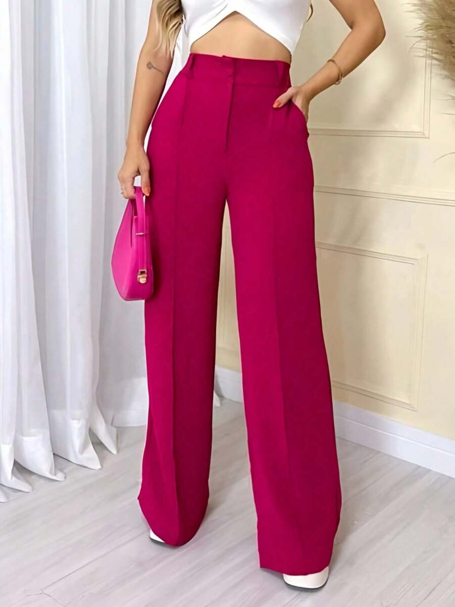Women's Wide Leg Pants With Zipper And Button In Duna Fabric - 玫紅色 - 查看 1