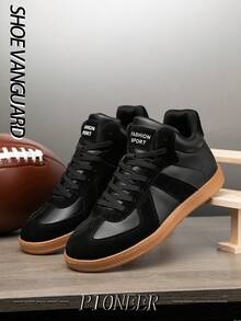 男士经典黑色皮革高帮运动鞋，厚底减震，户外平底防滑登山鞋，街头风格情侣舒适休闲跑步鞋 - 黑色 - 查看 3