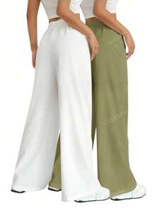 Set de 2 pantalones palazzo casuales, pantalones anchos de cintura con cordón, sólidos y estilizadores