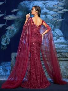 Faeriesty 高级魅力优雅华丽的串珠亮片晚礼服，珍珠点缀披肩袖 - 美人鱼轮廓和落地拖裙，适合红毯活动、豪华婚礼、晚宴和艺术画廊开幕式 - 酒紅色 - 查看 3