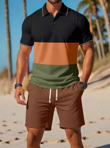 Conjunto de camisa polo a rayas y pantalones cortos de verano para hombres, conjuntos de ropa casual de playa y deportiva de moda, parte superior con cuello y bolsillos, pantalones con cordón en la cintura, gran regalo para novio/esposo, adecuado para golf, pesca, baloncesto, gimnasio
