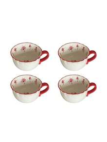 1 pieza/2 piezas/4 piezas Taza de té de la tarde de cerámica con relieve floral rojo estilo coreano Ins, taza de café de cerámica floral vintage, apta para desayuno, leche, postre, agua, oficina, sala de estar, uso diario