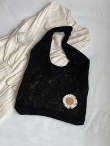 Yogodlns 网眼沙滩包花朵针织夏季流浪包镂空针织单肩包度假波西米亚风手提包女士旅行度假钩针手提包花朵沙滩包美学针织夏季流浪包镂空度假波西米亚风手提包女士旅行 - 黑色 - 查看 1