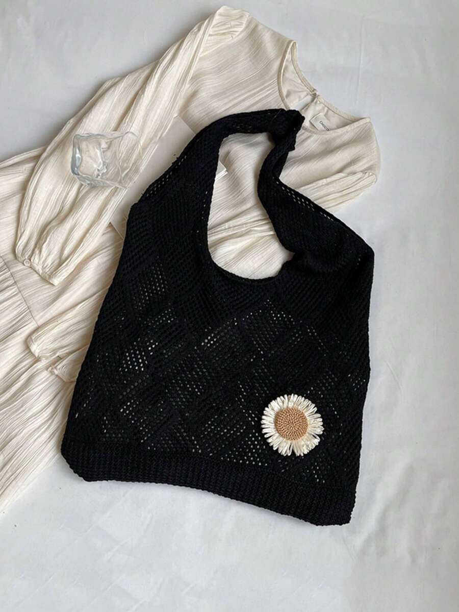 Yogodlns 网眼沙滩包花朵针织夏季流浪包镂空针织单肩包度假波西米亚风手提包女士旅行度假钩针手提包花朵沙滩包美学针织夏季流浪包镂空度假波西米亚风手提包女士旅行 - 黑色 - 查看 1