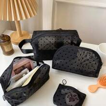 5pcs/Set Black Mesh Organizer Bags, Portable Cosmetic Makeup Toiletry Storage Pouch, Simple Travel Makeup Bag