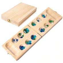 Mancala Board Game Set,Folding Wooden Board And MultiColored Glass Stones, Portable Travel Board Game Gemstone Chess,Wooden Puzzle Toy Ideal For Large Groups, Parties, Family Events