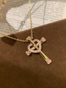 1 件时尚奢华粉色心形吊坠项链，适合女性耶稣升天日派对，高端配饰 - 金色 - 查看 3