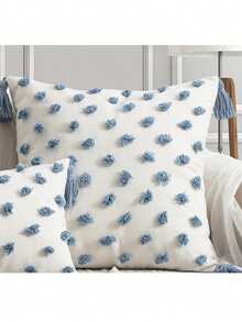 1/2pcs Blue Polka Dot Pillow Cover, Nordic Flannelette Embroidered Tassel Cushion Case For Bedroom, Living Room, Sofa, Garden Chair, Waist Pillow, Ins Style, All Season, 30*50cm, 45*45cm - Blue - View 13