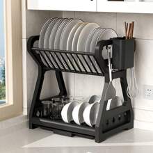 1pc Kitchen Storage Rack Holder For Drying Dishes, Bowls, Utensils, Double Layer Cutlery Organizer