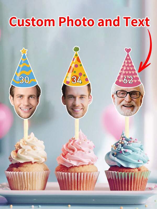 3-48Pcs Custom Face Cupcake Toppers, Personalized Birthday Party Cupcake Toppers, Customized Photo Party Decoration For Wedding, Donut Cake Muffin Topper, Party Supplies, Party Decor, Birthday Gift Unique, Ideal Gifts For Him For Valentine's Day, For Mother's Day, For Birthdays, For Father's Day, For Graduation, For Weddings, For Housewarming