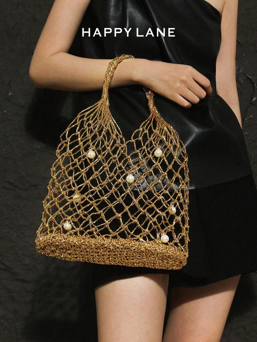 HAPPY LANE 1 件女士奢华金色网眼手提包，带珍珠装饰，优雅、百搭的单肩包、购物袋、时尚配饰，带闪亮网眼设计，引人注目的独特单品，轻巧、宽敞的内部空间，多功能便携 - 金色 - 查看 1