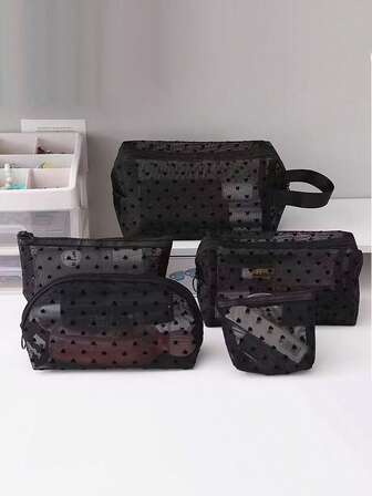 Black Flocked Heart Pattern Mesh Cosmetic Bag, Transparent Storage Pouch For Student/Travel/Toiletry,Versatile Makeup Bag Holiday Essentials Holiday Travel Essentials Travel Bag Travel Accessories Graduation