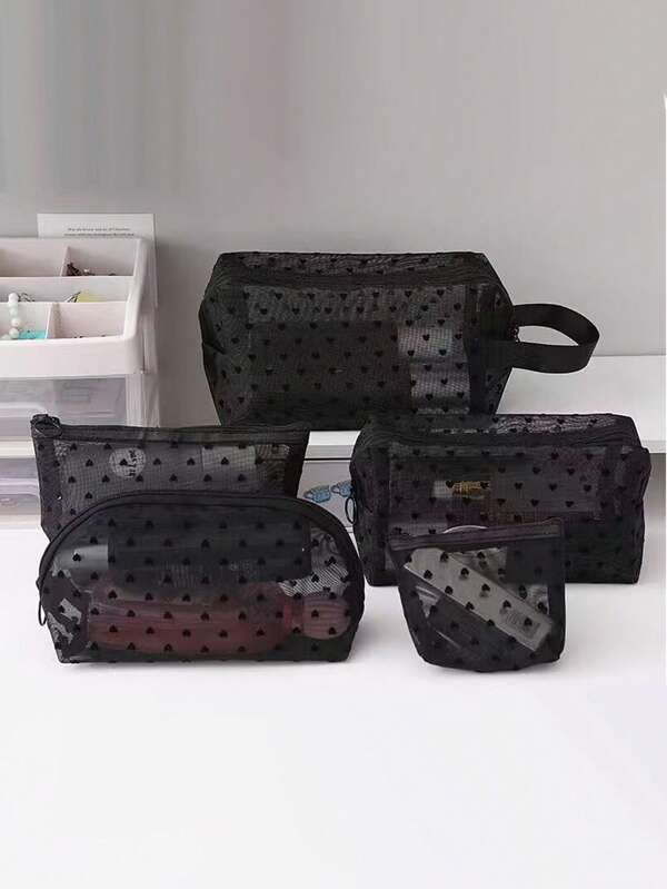 Bolsa de cosméticos de malla con diseño de corazón floreado en negro, bolsa de almacenamiento transparente versátil para estudiantes/viajes/artículos de tocador