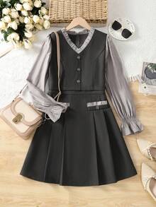 Grey 2 In 1 Dress, New Spring 2025 Collection, Long Sleeve Spliced Waist V-Neck Style, Work Appropriate - Dark Grey - View 1
