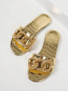 Women Flat Slide Sandals, Open Toe Gold Chain Design, Fashion Slippers For Summer Beach