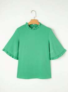 Acelitt Blusa verde con cuello redondo fruncido, manga media ancha
