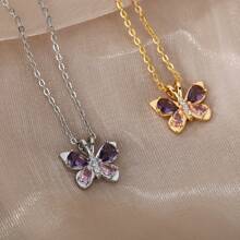 1 pieza Collar con colgante de mariposa lindo para mujer de acero inoxidable con cristal y circonita púrpura, collar estético, gargantilla, joya para fiesta