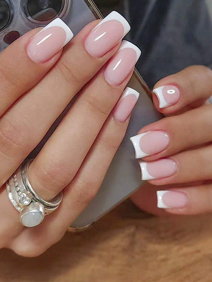 24pcs Short Square White French Nail Tips, Suitable For Women And Girls