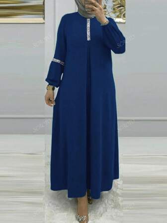 Scacto Vestido elegante de línea A con pliegues, mangas farol de cuello redondo, decoración con lentejuelas, de unicolor, adecuado para uso diario, oficina, fiesta, corte holgado y modesto