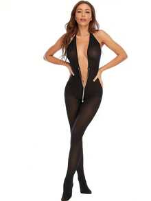 Sexy Lingerie Black V-Neck Sexy Jumpsuit With Zipper And Stockingsfor Club, Night Out, Dates, Shows, Wedding Night – Cheeky Stockings & Tights - Multicolor - View 3