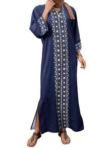 Women Ramadan Dress 3/4 Sleeves V-Neck Loose Long Dress Print Arab Robe Caftan Gowns - Blue - View 1