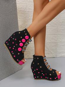 女士性感绑带厚底坡跟水钻凉鞋，优雅铆钉设计，舒适露趾坡跟鞋，适合夏季、派对、聚会、高跟厚底坡跟靴